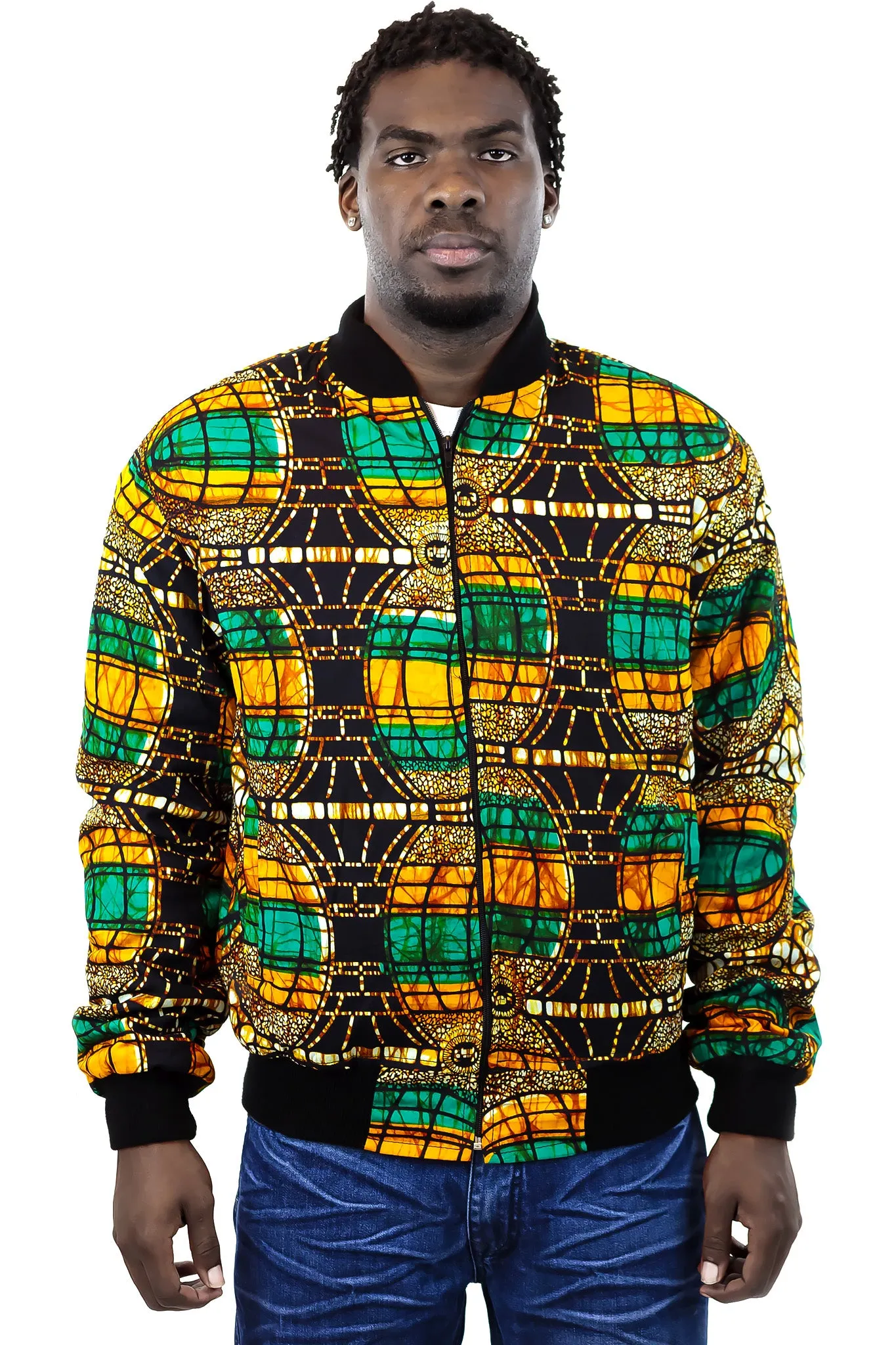 African Bomber Jacket - Green Orange Brown Curves Print