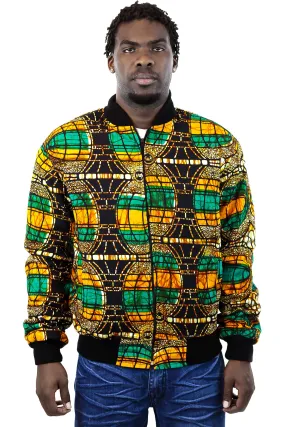 African Bomber Jacket - Green Orange Brown Curves Print