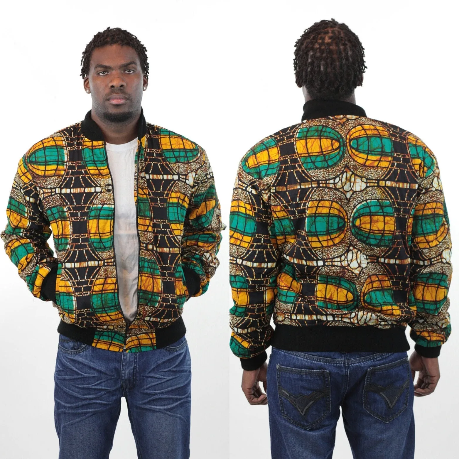 African Bomber Jacket - Green Orange Brown Curves Print