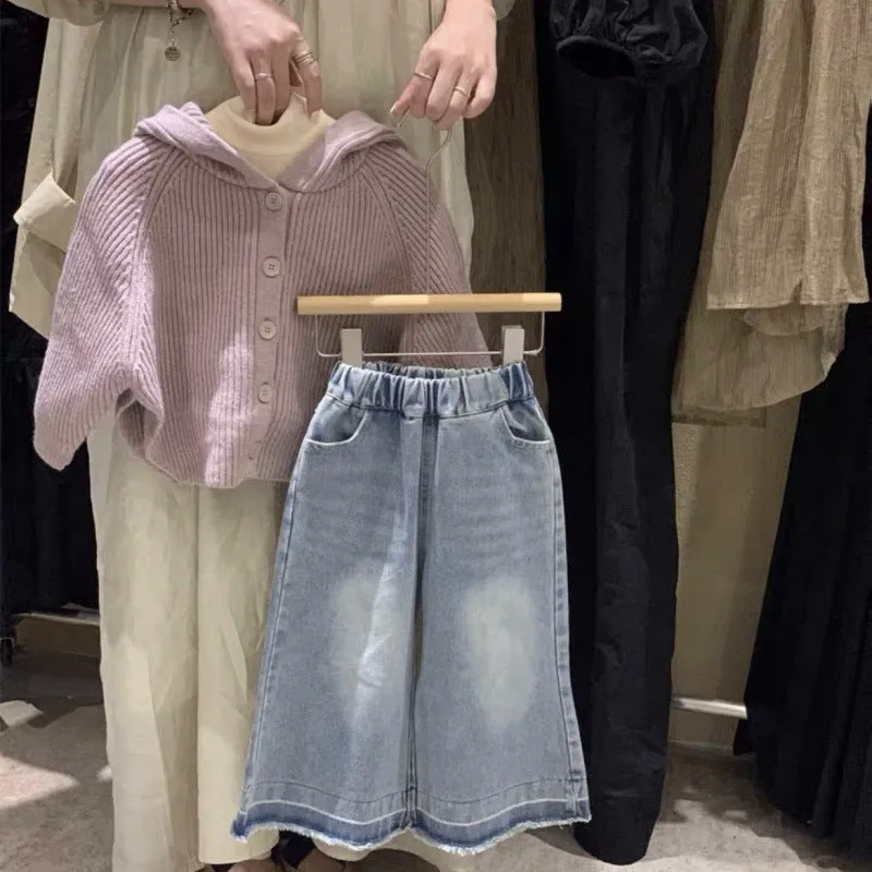 Hooded Sweater Outerwear Baby Girl Jeans Two-piece Set