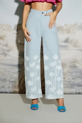 Lotus Print Wide Leg Denim