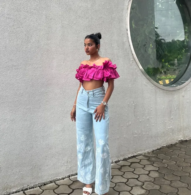 Lotus Print Wide Leg Denim