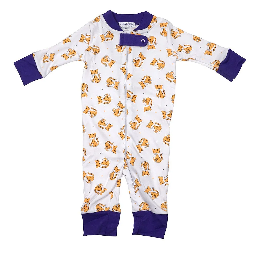 Magnolia Baby Orange Tiny Clemson Tiger Print Long Pajamas - Trimmed in Purple