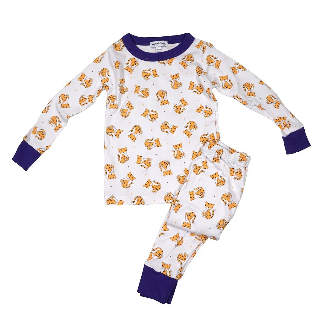 Magnolia Baby Orange Tiny Tiger Print Long Pajamas - Trimmed in Purple