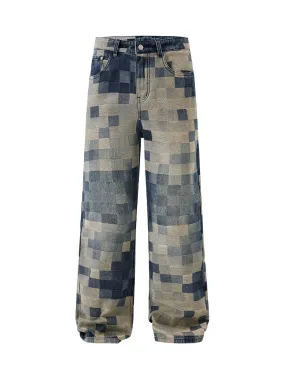 Sneakerhill Checkerboard Jacquard Wide Leg Jeans - 2193