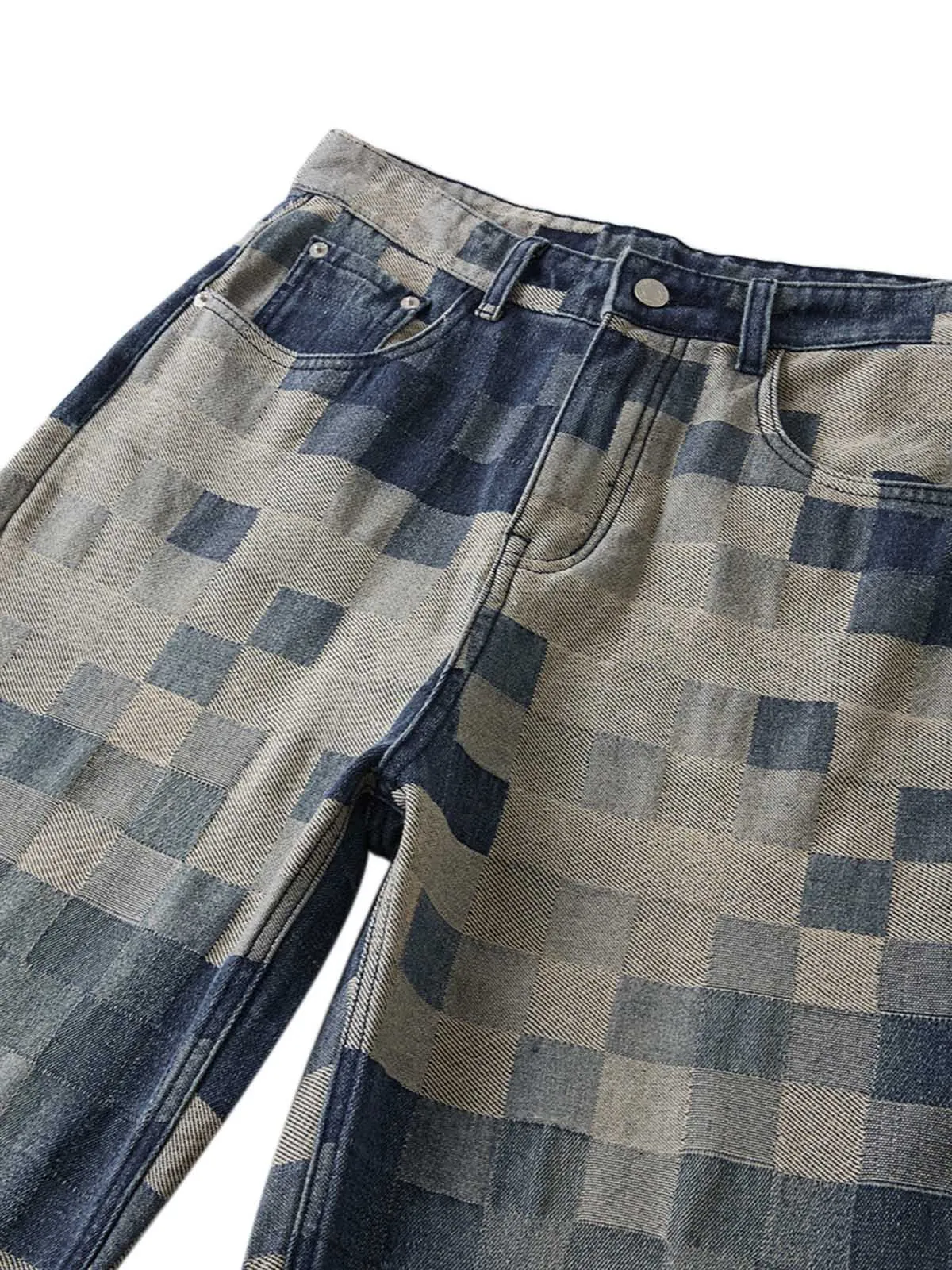 Sneakerhill Checkerboard Jacquard Wide Leg Jeans - 2193